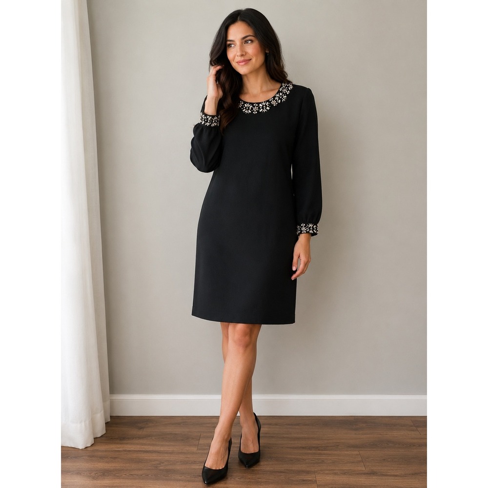 J.Crew Black Embellished Crystal Pearl Neck Shift Dress Long Sleeve Womens 0